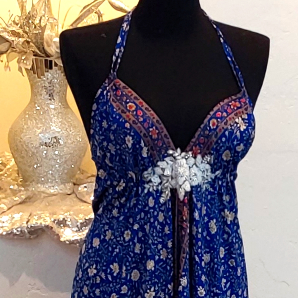 BOHEMIAN GODDESS Silk Cobalt Blue & Ivory Floral Maxi Dress